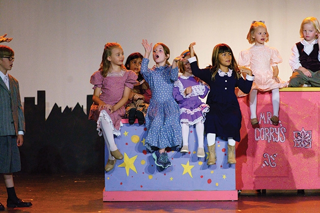 Hazel Reid, Paloma Samadani, Britton Campbell, Grace Hyman, Adella Jonson and Harriet Reid onstage at Cross Community Players' Mary Poppins
